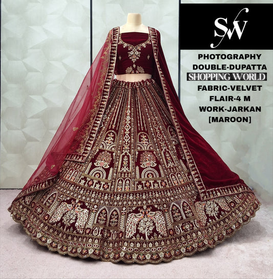 Majestic Peacock Dark Maroon Double Dupatta Velvet Bridal Lehenga