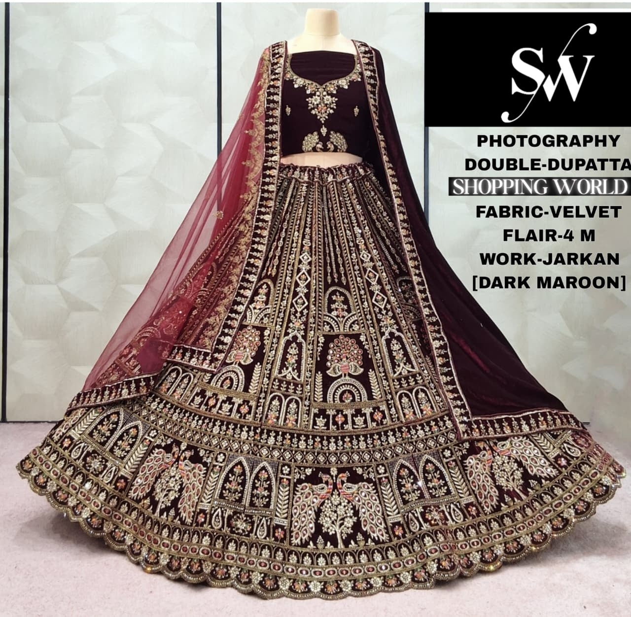 Charming Peacock Maroon Double Dupatta Velvet Bridal Lehenga