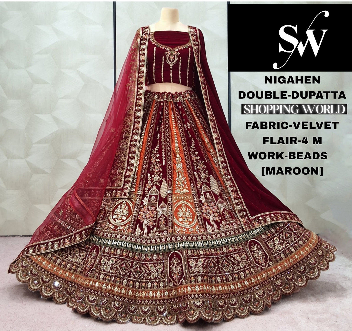 Attractive Dark Maroon Double Dupatta Velvet Bridal Lehenga