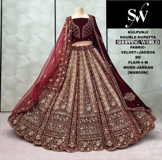 Amazing Dark Maroon Double Dupatta Velvet Bridal Lehenga