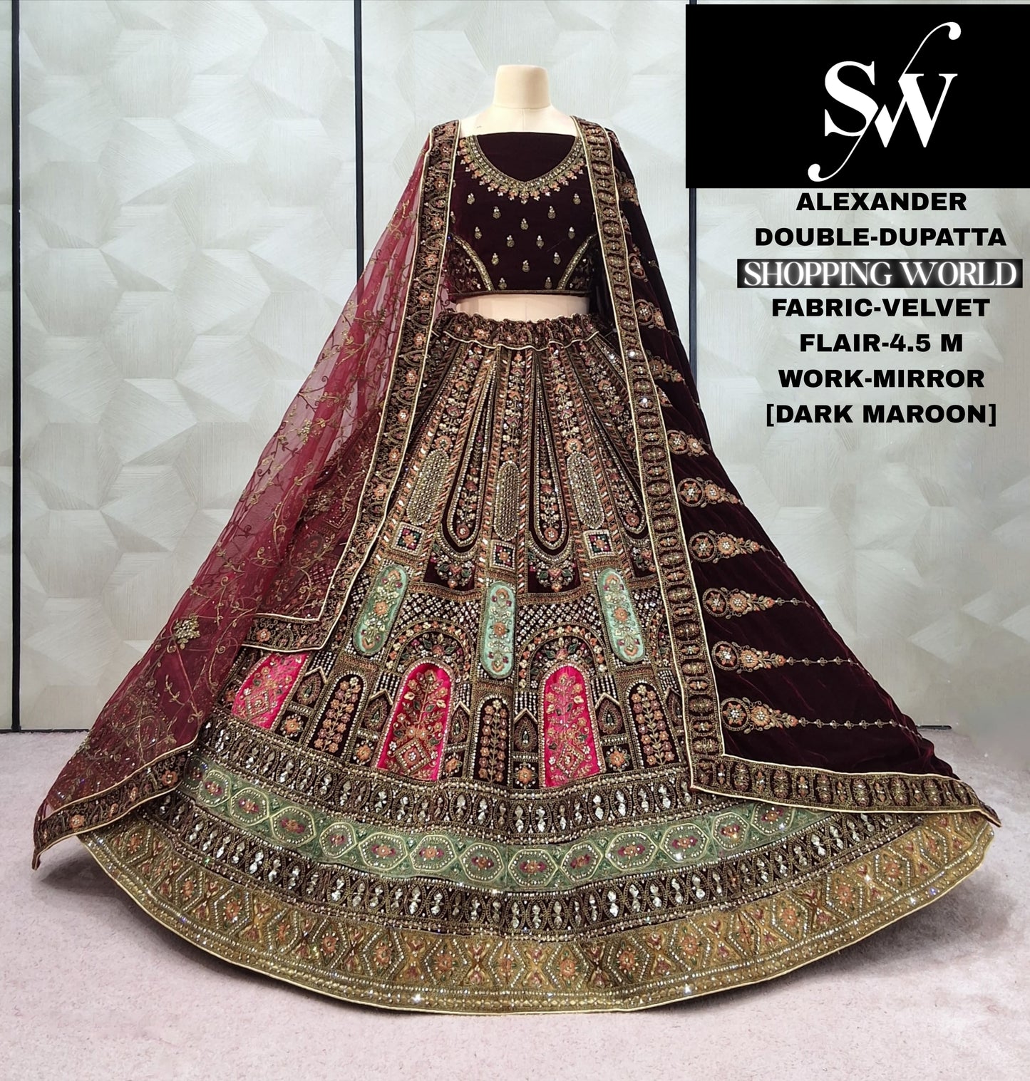 Majestic Velvet Dark Maroon Double Dupatta Bridal Lehenga