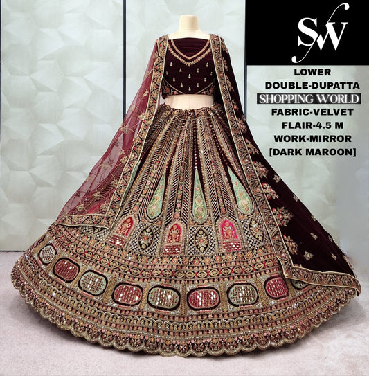 Delightful Rani pink Double Dupatta Velvet Bridal Lehenga