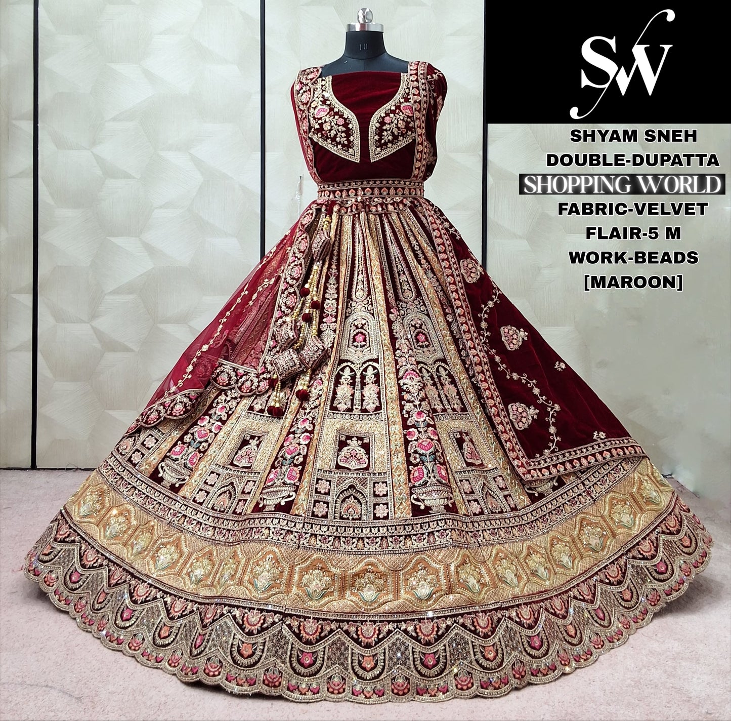 Embellished Rani pink Double Dupatta Velvet Bridal Lehenga