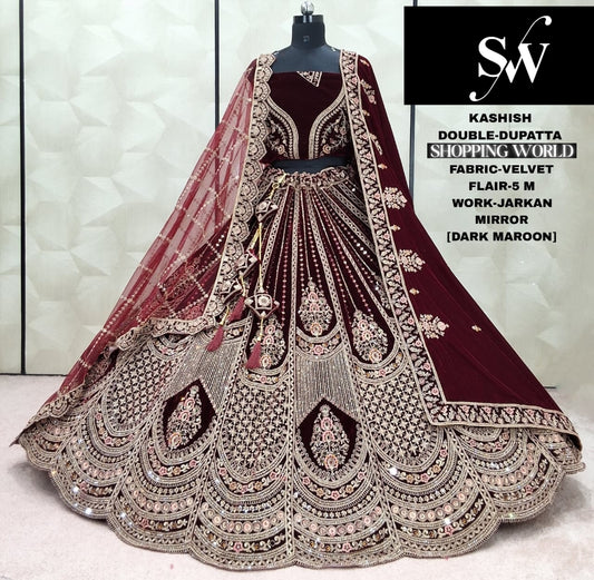 Lavishing Raspberry Double Dupatta Velvet Bridal Lehenga