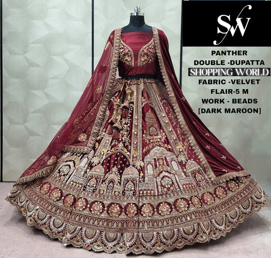Fantastic Dark Maroon Double Dupatta peacock Velvet Bridal Lehenga