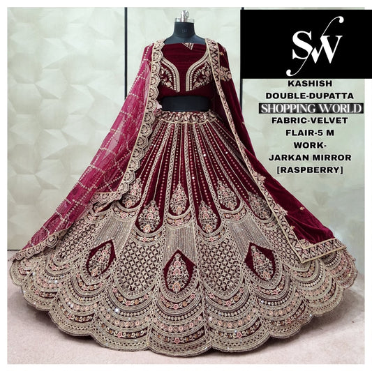 Charming Dark Maroon Double Dupatta Velvet Bridal Lehenga