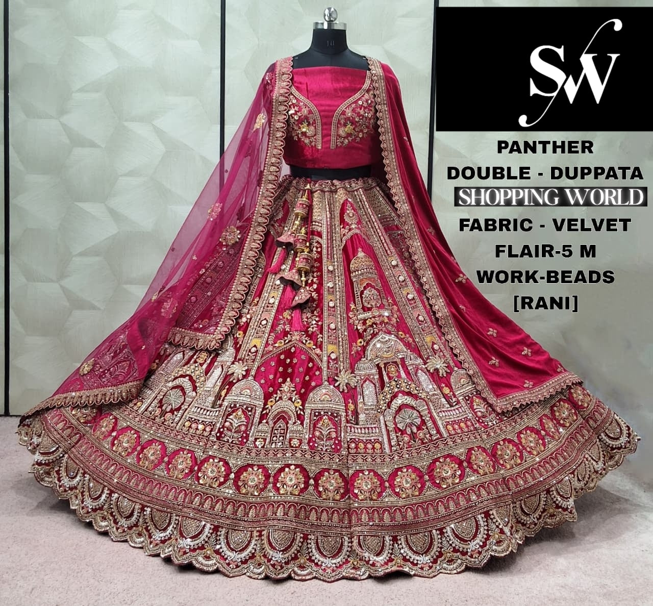 Fantastic Dark Maroon Double Dupatta peacock Velvet Bridal Lehenga