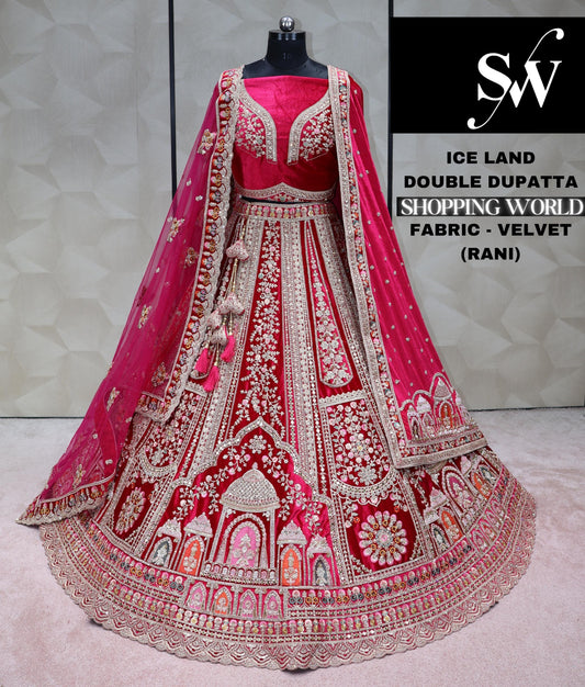 Embellished Maroon Double Dupatta Velvet Bridal Lehenga