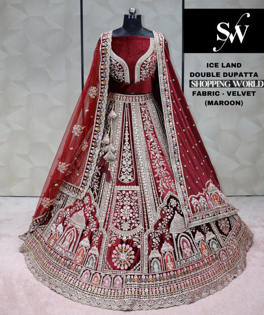 Delightful Rani pink Double Dupatta Velvet Bridal Lehenga