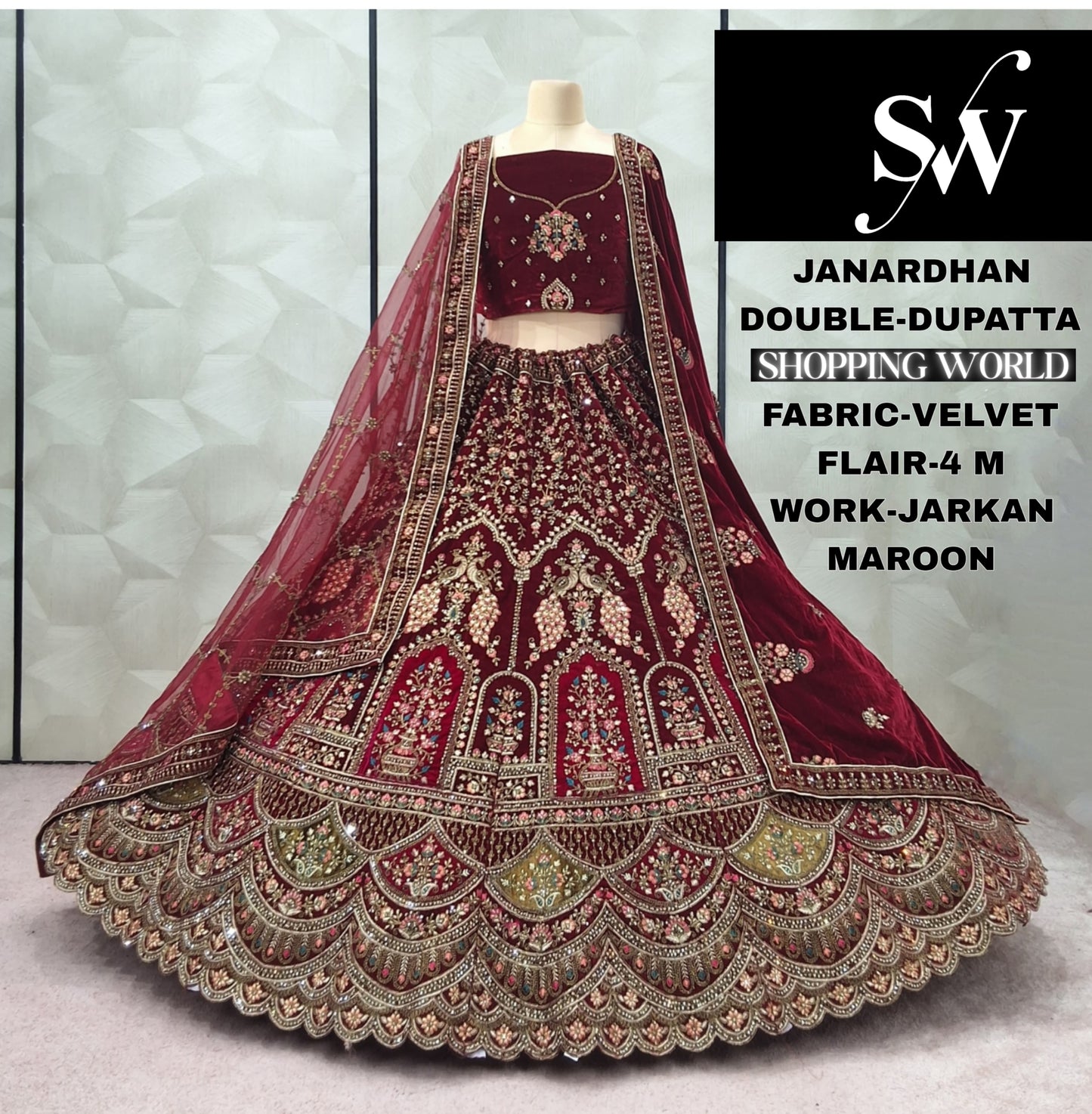 Khoobsurat Peacock Dark Maroon Double Dupatta Velvet Bridal Lehenga