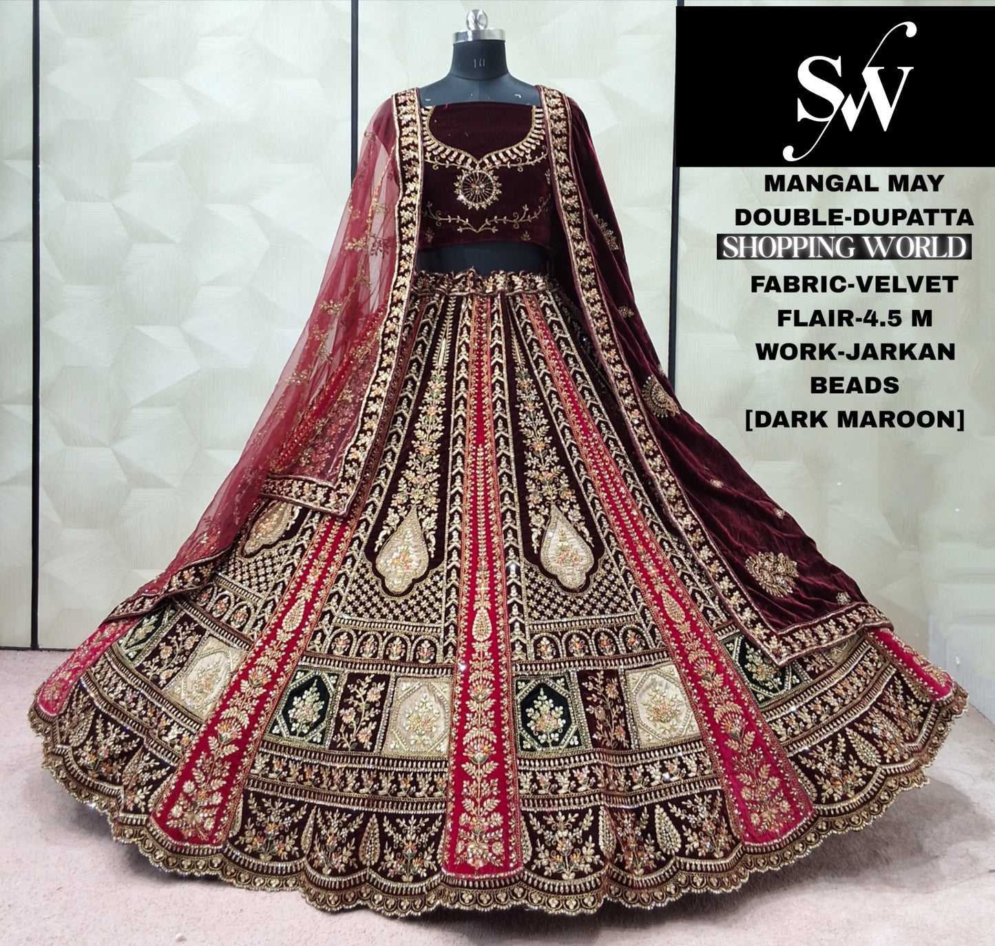 Lovely Maroon Double Dupatta Velvet Bridal Lehenga