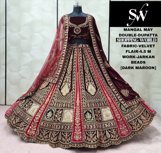 Lovely Maroon Double Dupatta Velvet Bridal Lehenga