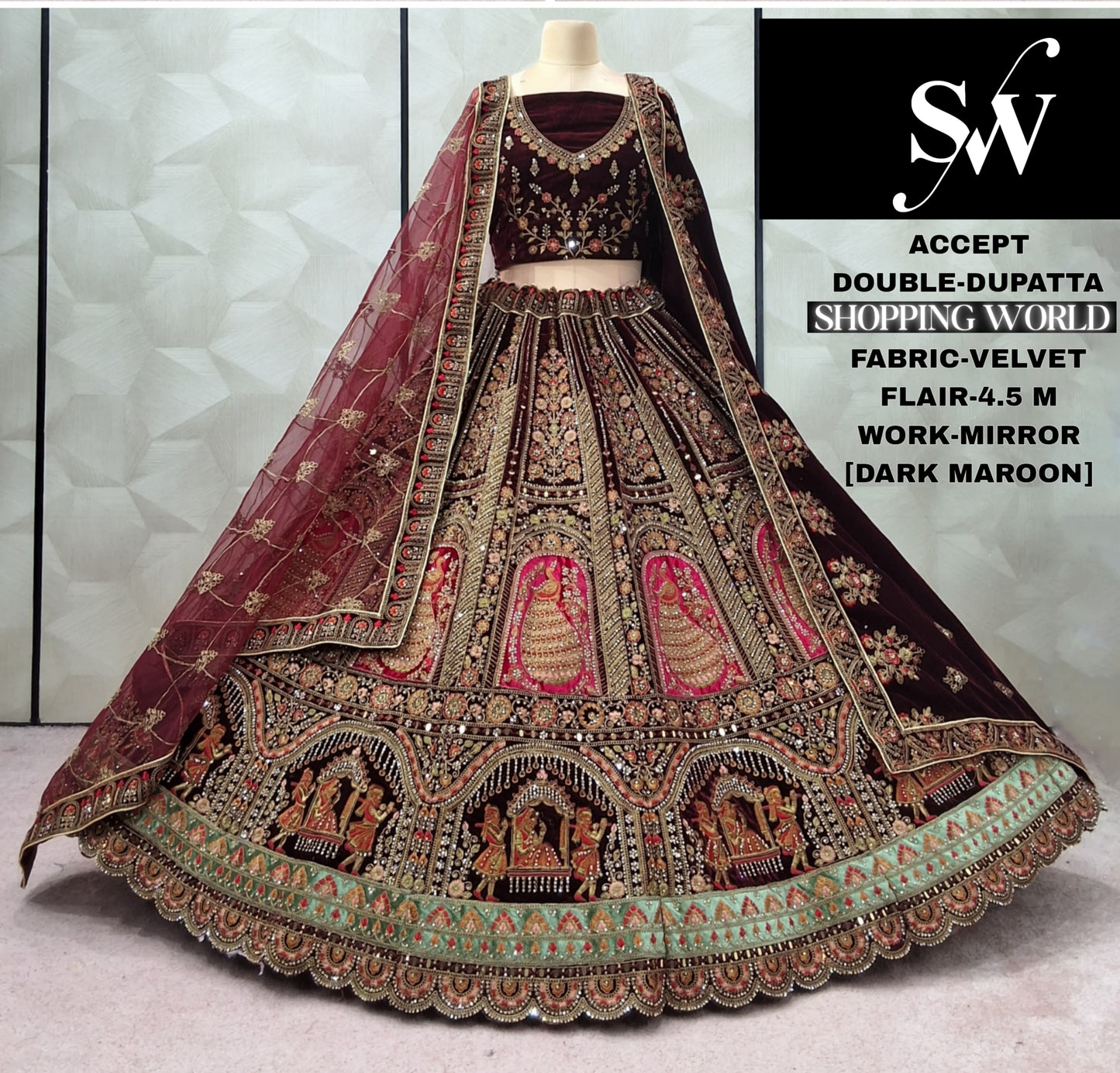 Gorgeous Dark Maroon Double Dupatta Velvet Bridal Lehenga