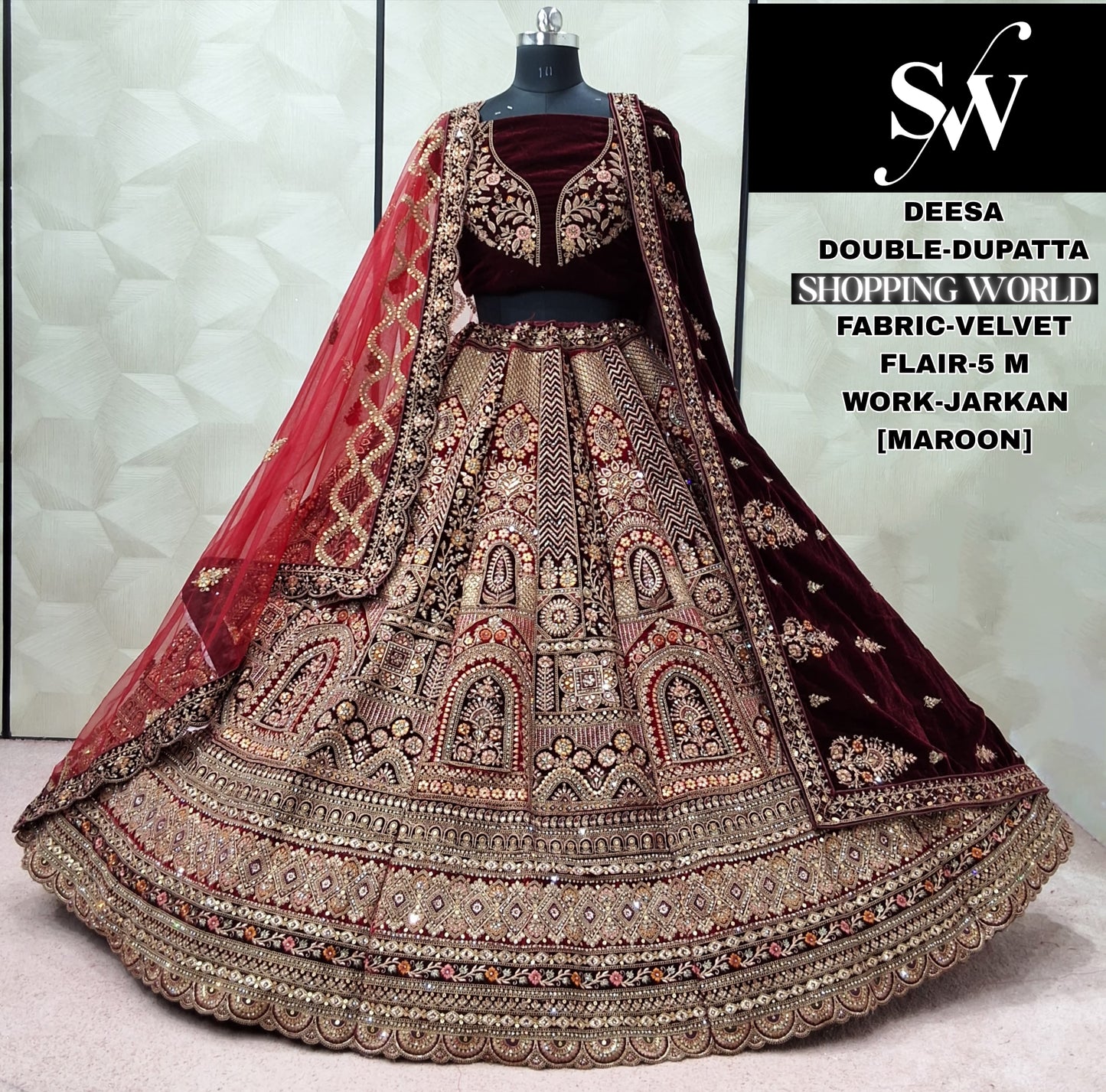Lavishing Raspberry Velvet Double Dupatta Bridal Lehenga