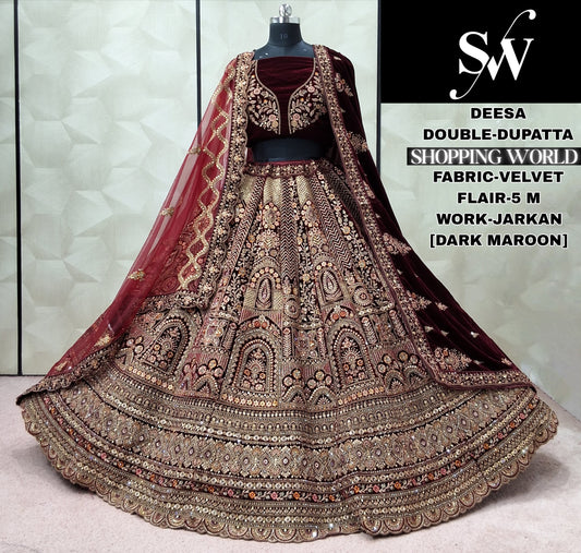 Pleasing Dark Maroon Velvet Double Dupatta Bridal Lehenga
