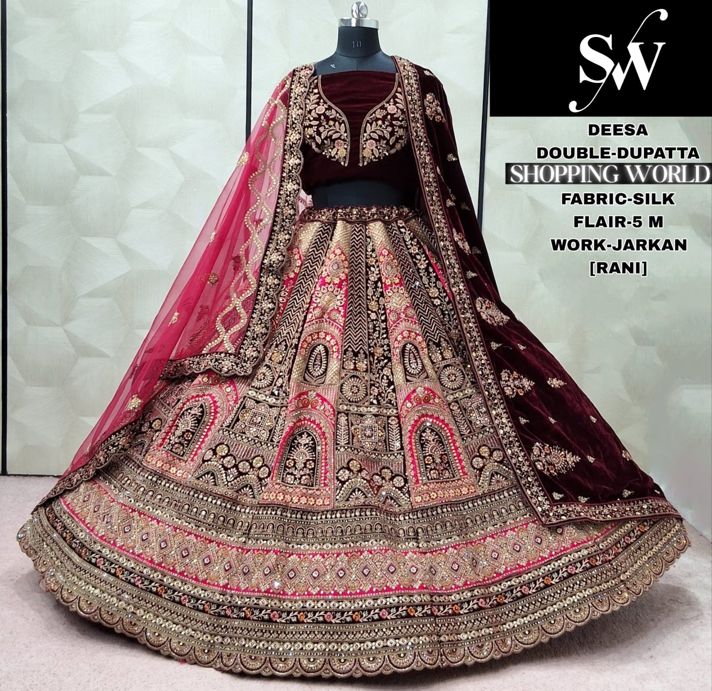 Khoobsurat Maroon Velvet Double Dupatta Bridal Lehenga