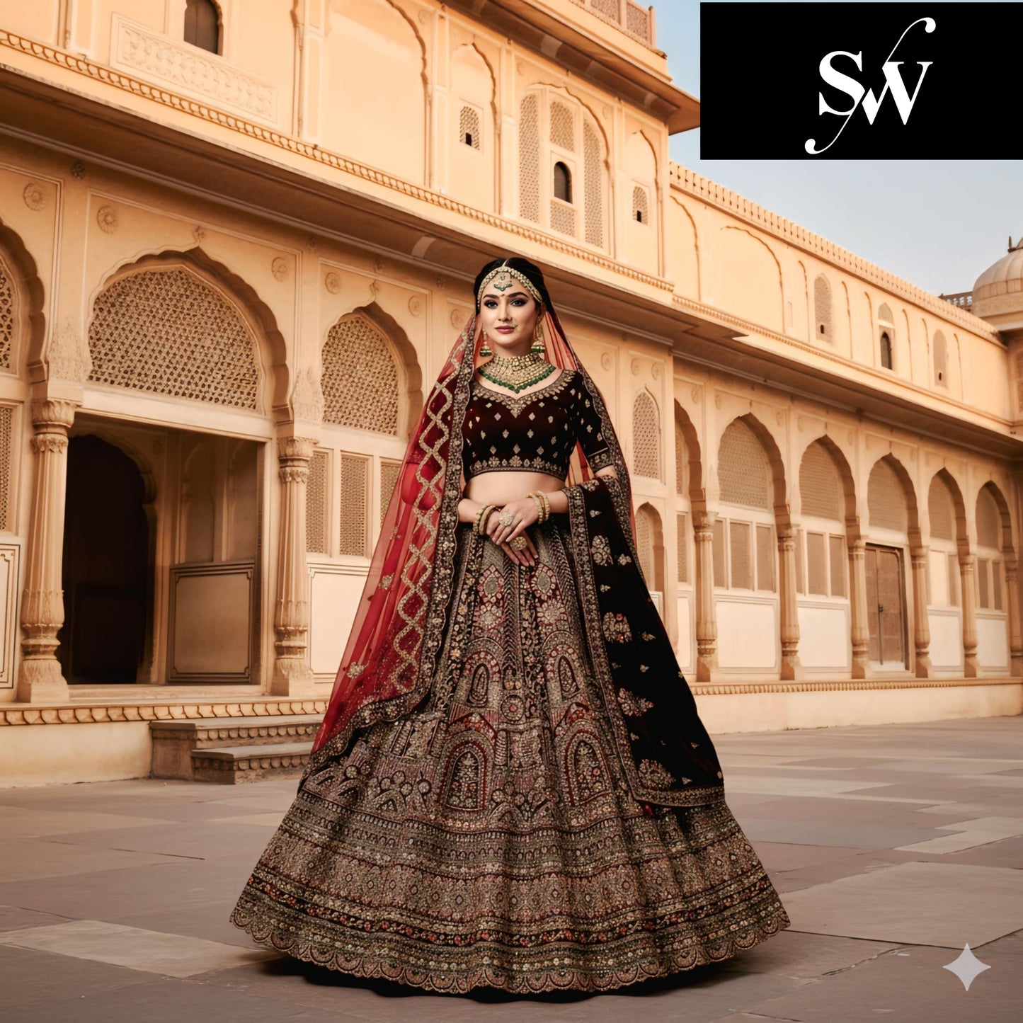 Beautiful Rani pink Velvet Double Dupatta Bridal Lehenga