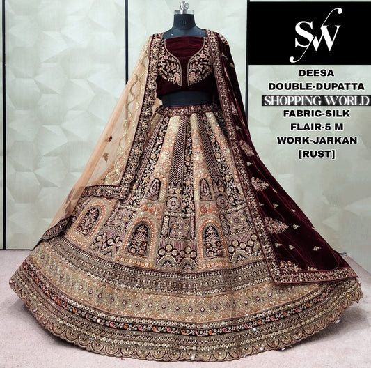 Majestic Chiku golden Silk Double Dupatta Bridal Lehenga