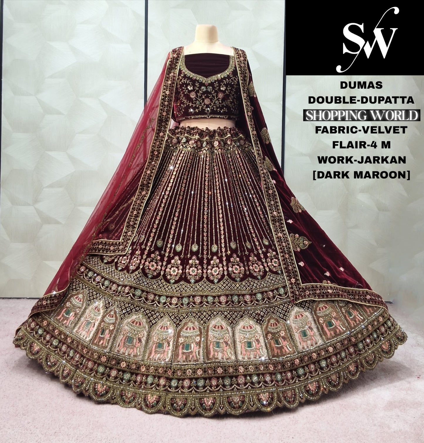 Eye Catching Dark Maroon Velvet Double Dupatta Bridal Lehenga