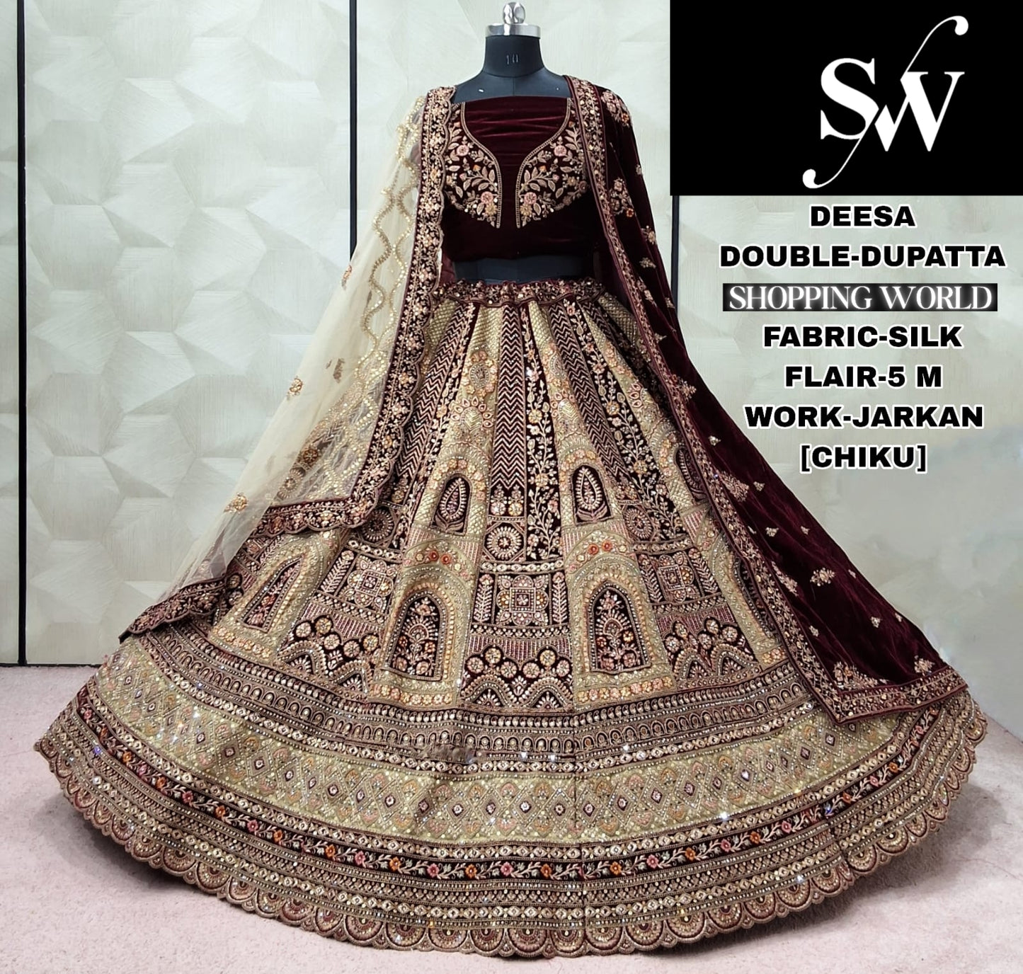 Charming Rust Maroon Silk Double Dupatta Bridal Lehenga