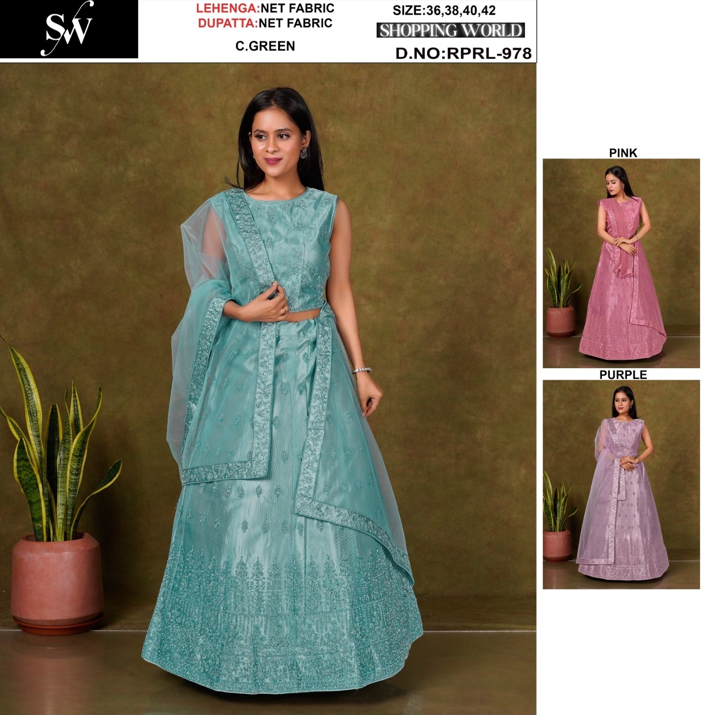 Awesome Sea green Pink purple Net Lehenga