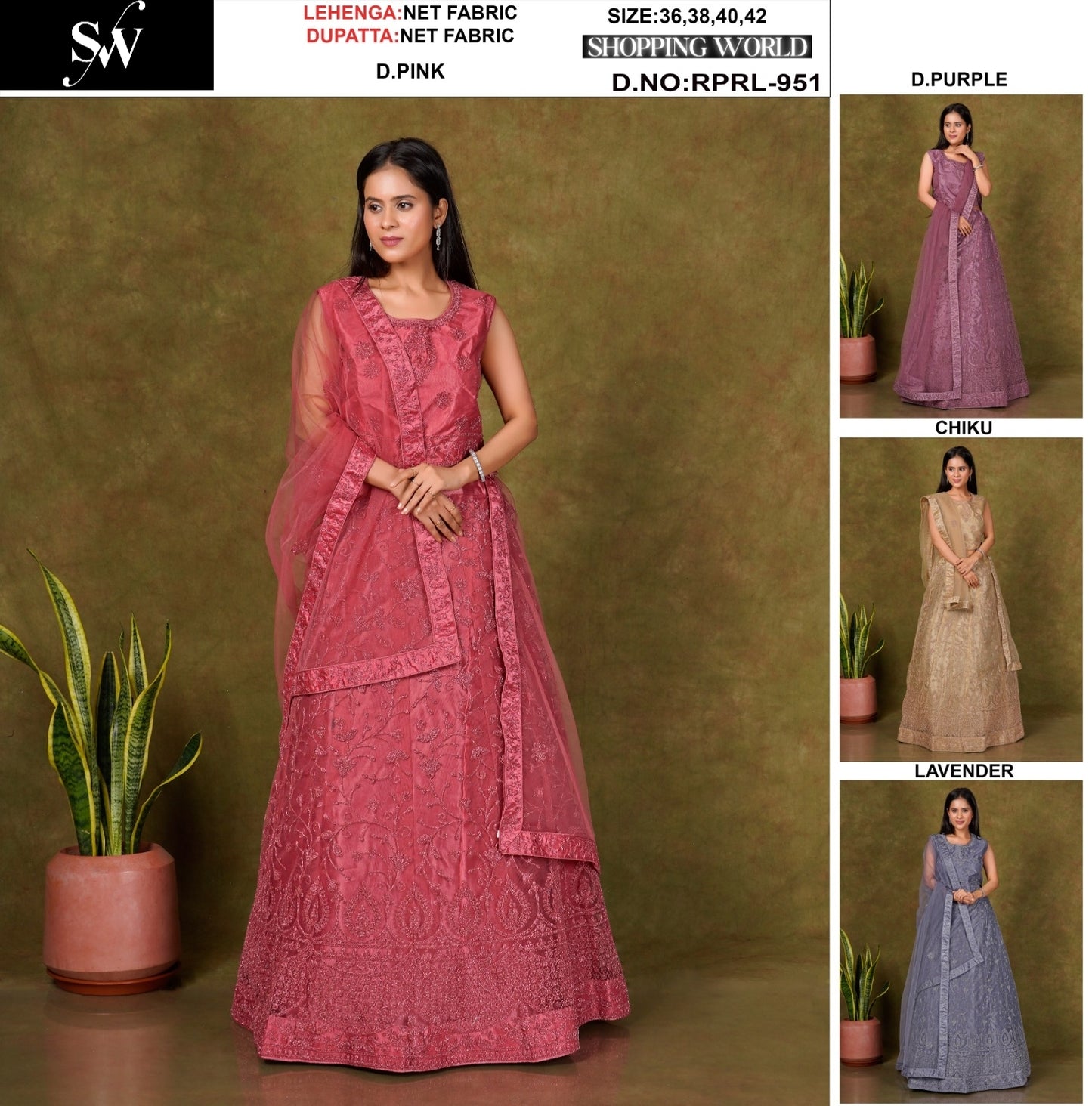 Amazing Dark pink Dark purple Chiku golden Lavender Net Lehenga