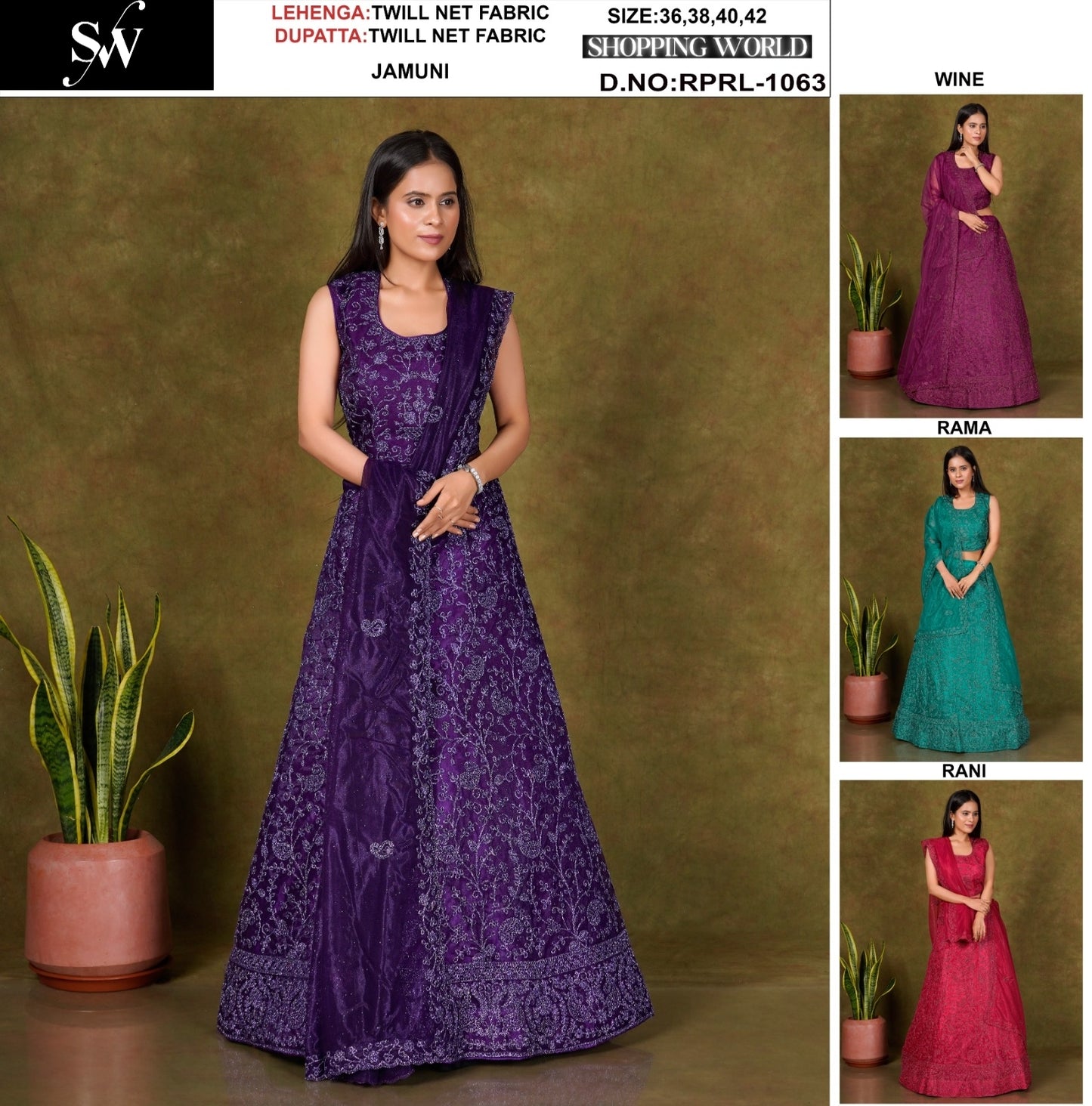 Elegant Jamuni Purple Wine Rama green Rani pink Twill Net Lehenga