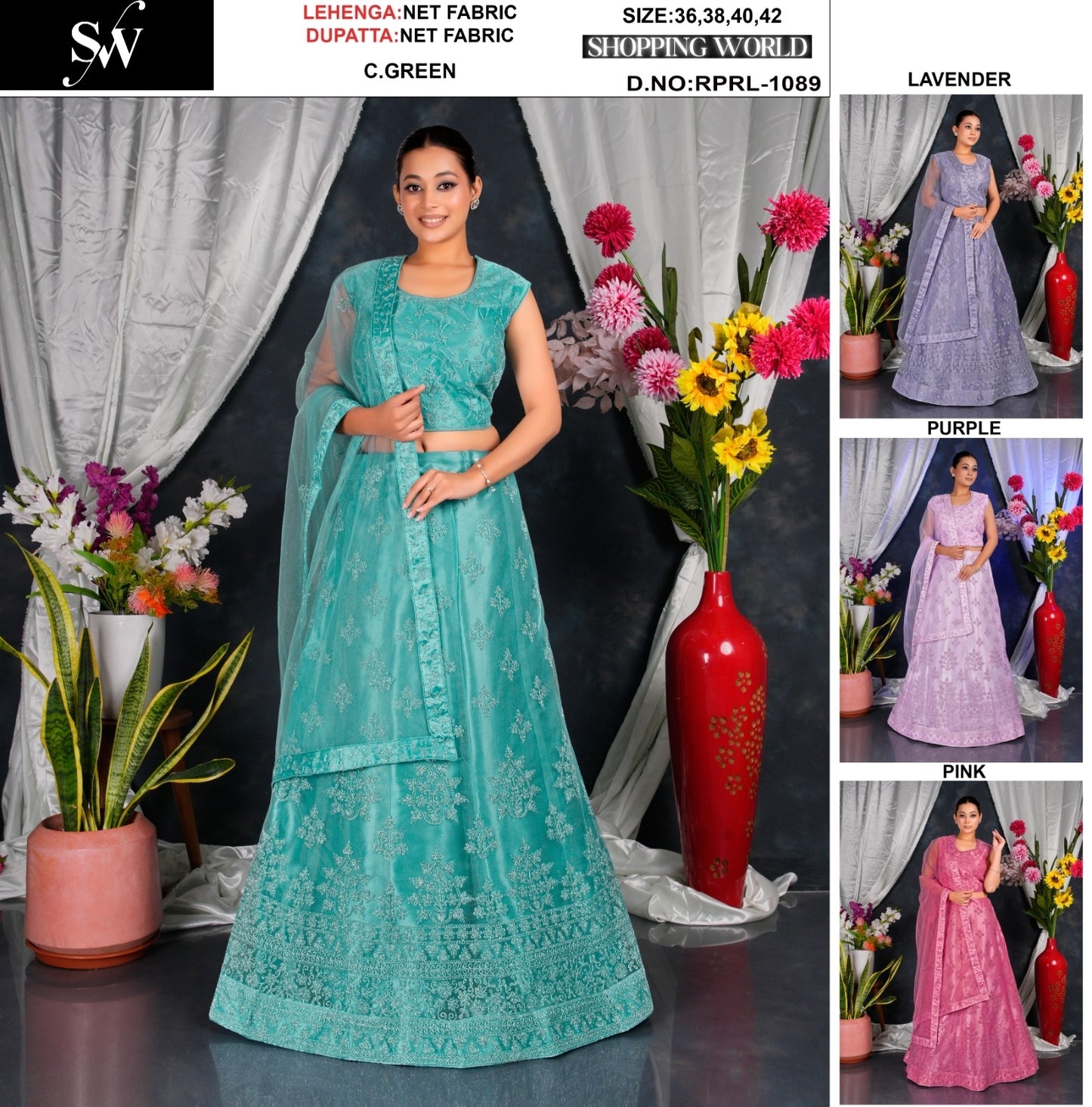 Delightful Sea green Lavender Purple Pink Net Lehenga