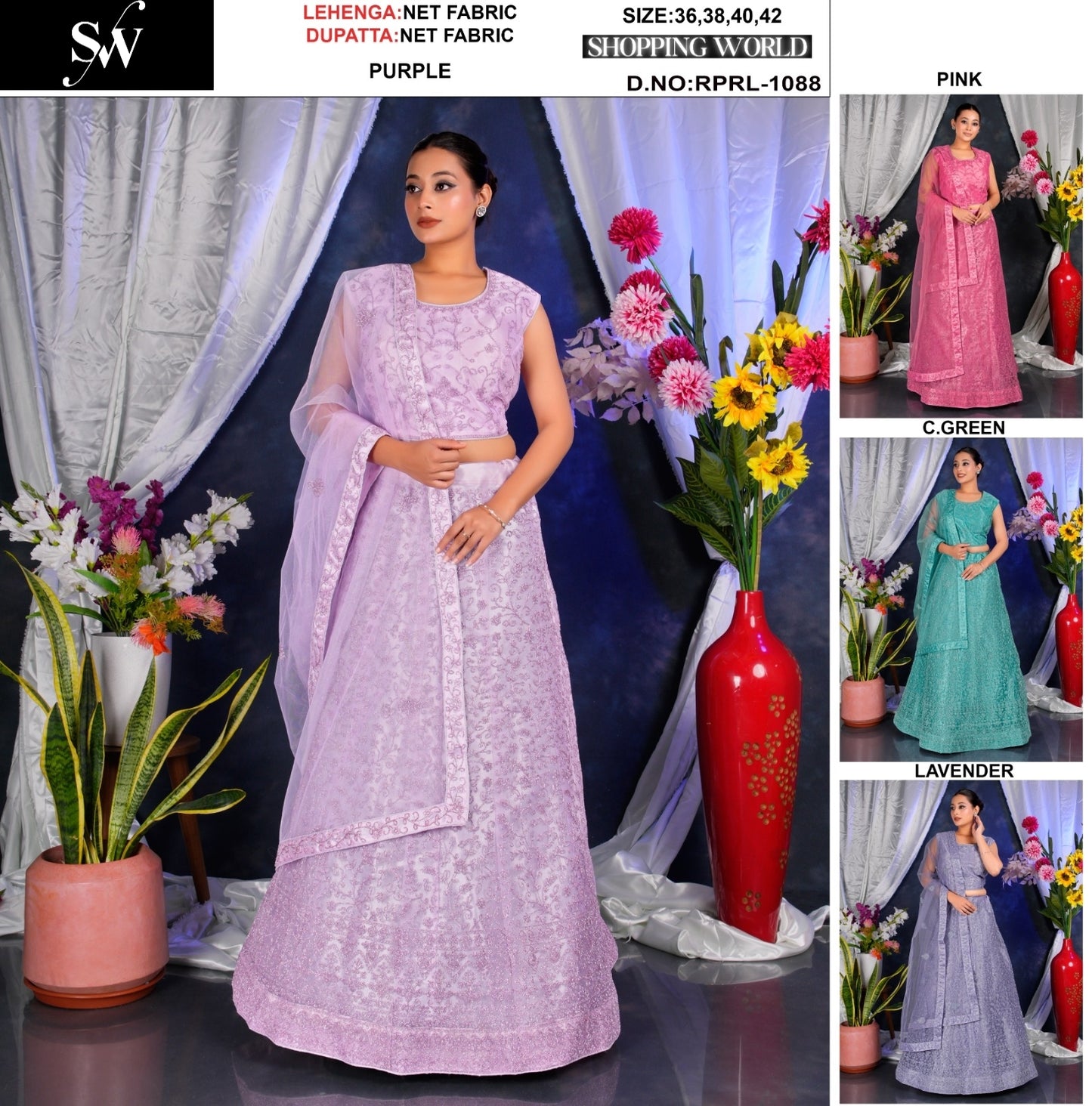 Embellished Purple Sea green Pink Lavender Net Lehenga