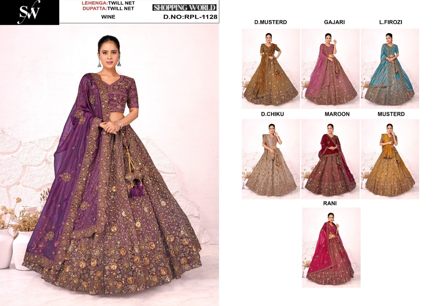 Stunning Wine Dark Mustard Gajri pink Light Firozi Dark Chiku Maroon Mustard Rani pink Twill Net Lehenga