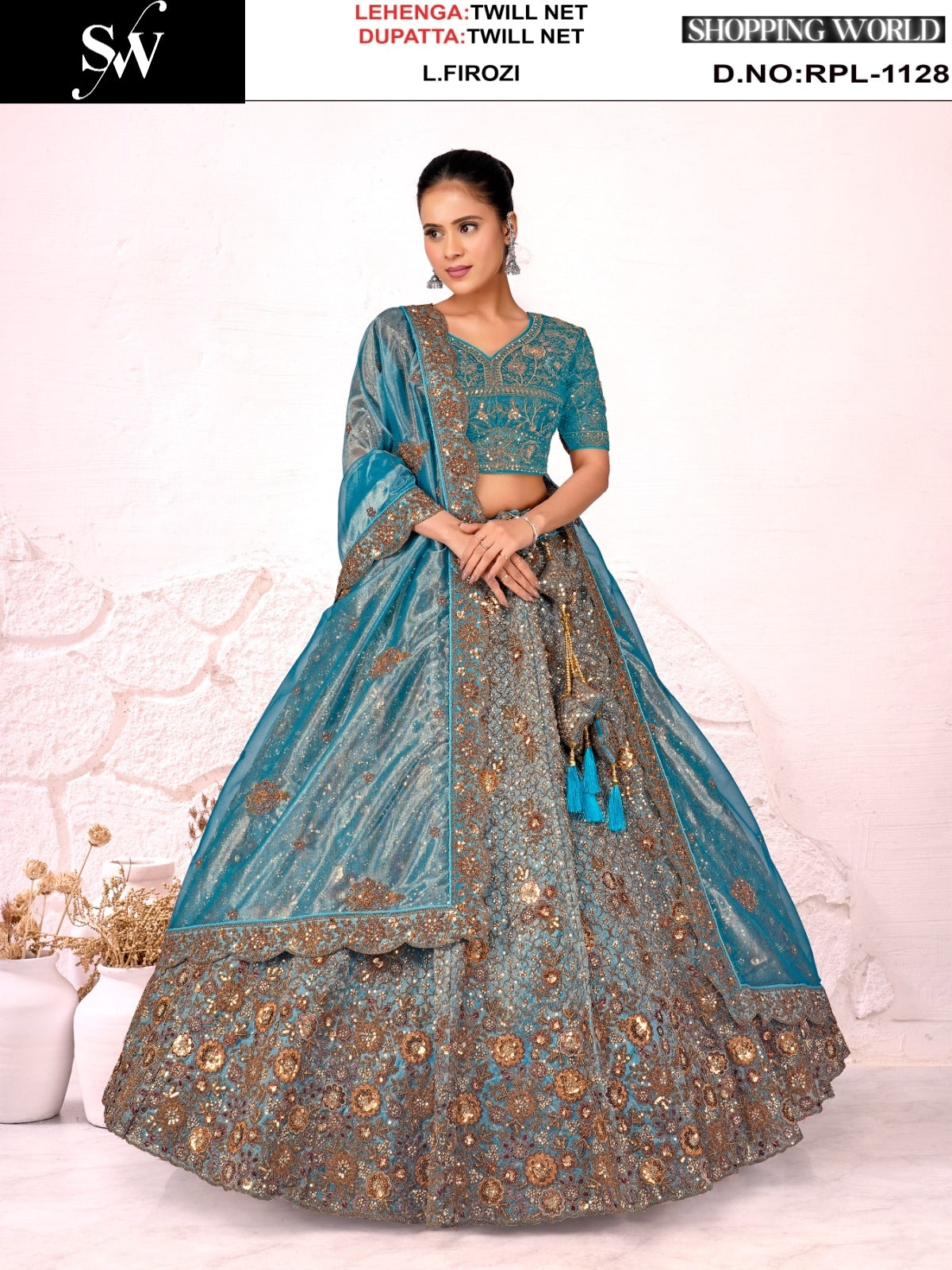 Tremendous Light Firozi Twill Net Lehenga