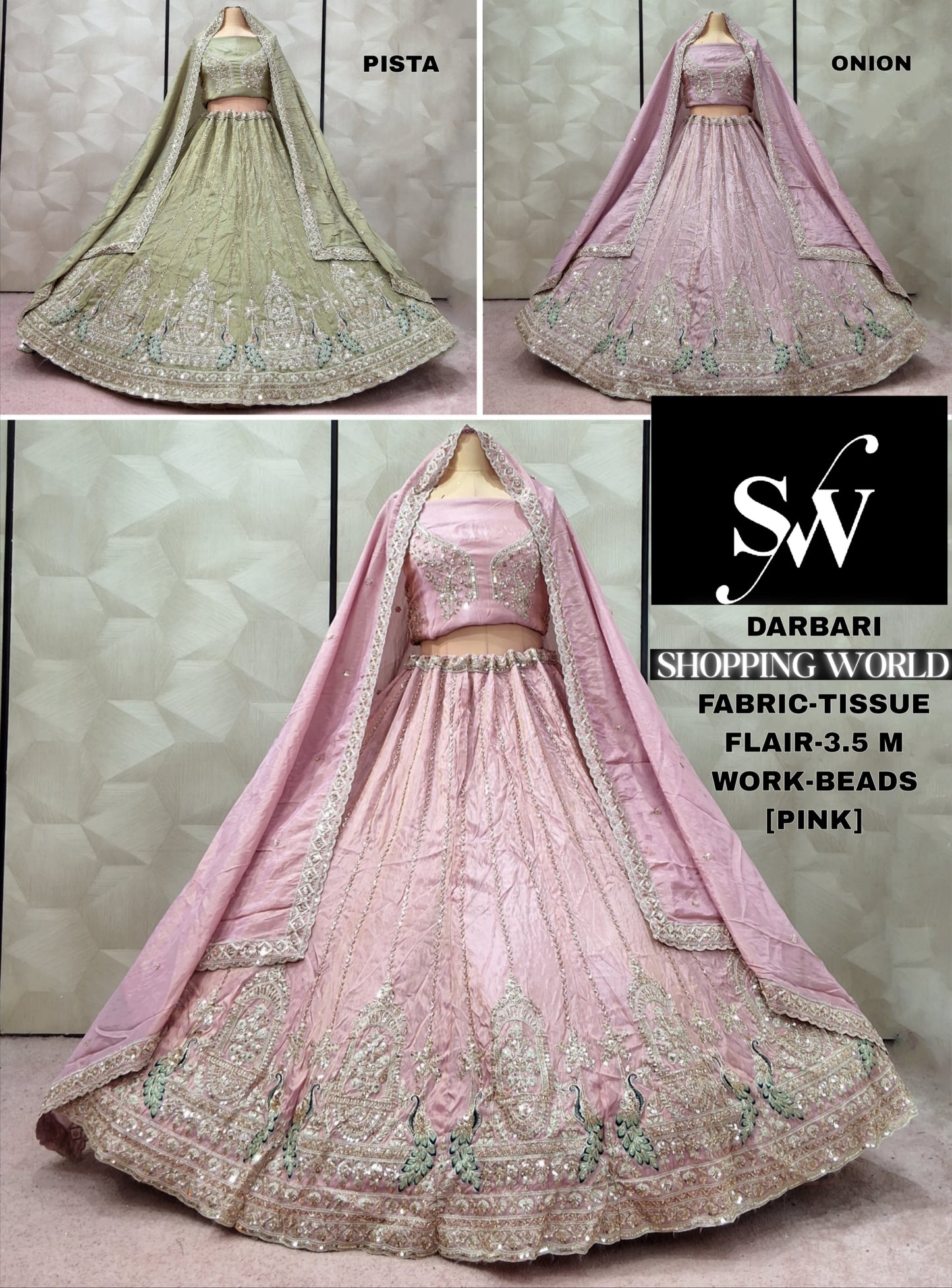 Lavishing Pista green onion pink Baby Pink Tissue Lehenga
