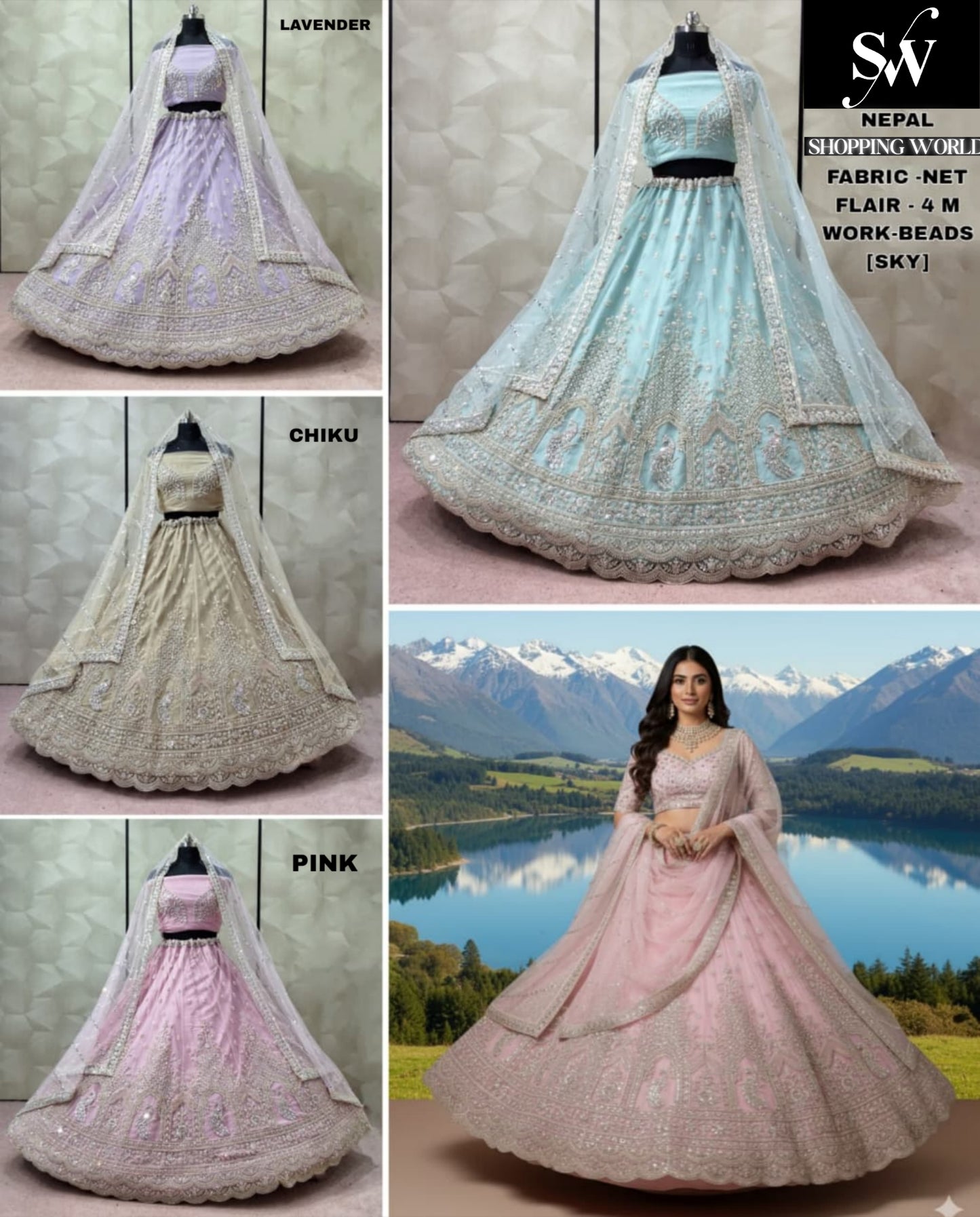 Khoobsurat Sky Blue Lavender Chiku Golden Pink Net Lehenga