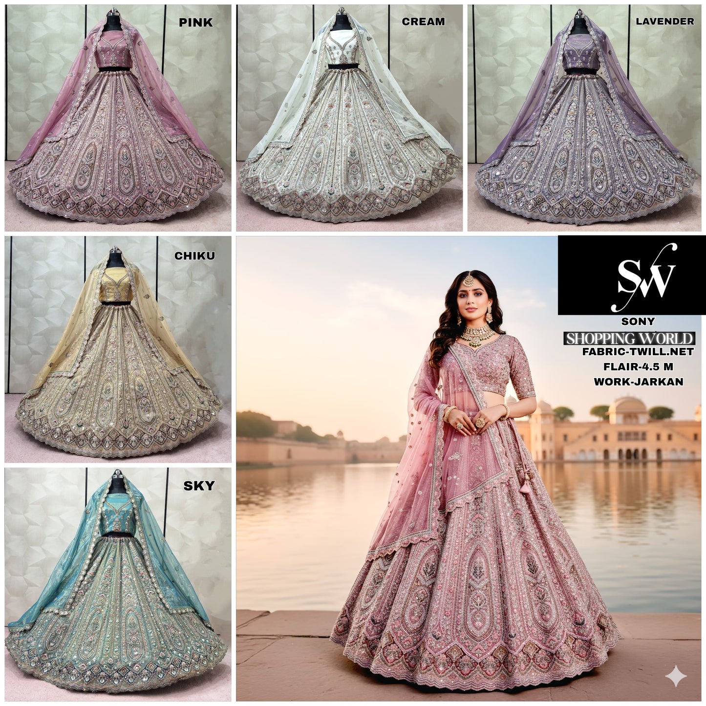 Lovely Pink Cream White Lavender Chiku golden Sky blue Twill Net Lehenga