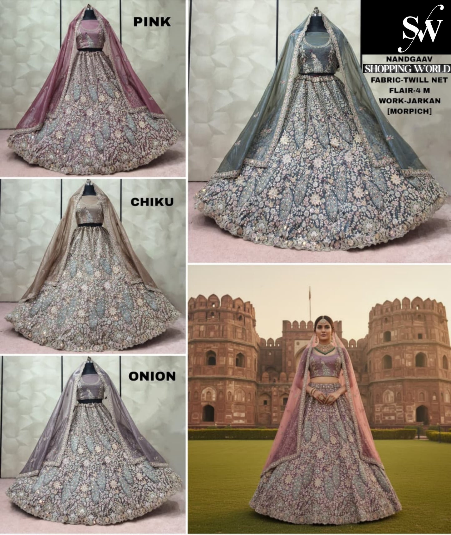 Stunning Morpeach pink Chiku Golden Onion pink Twill Net Lehenga