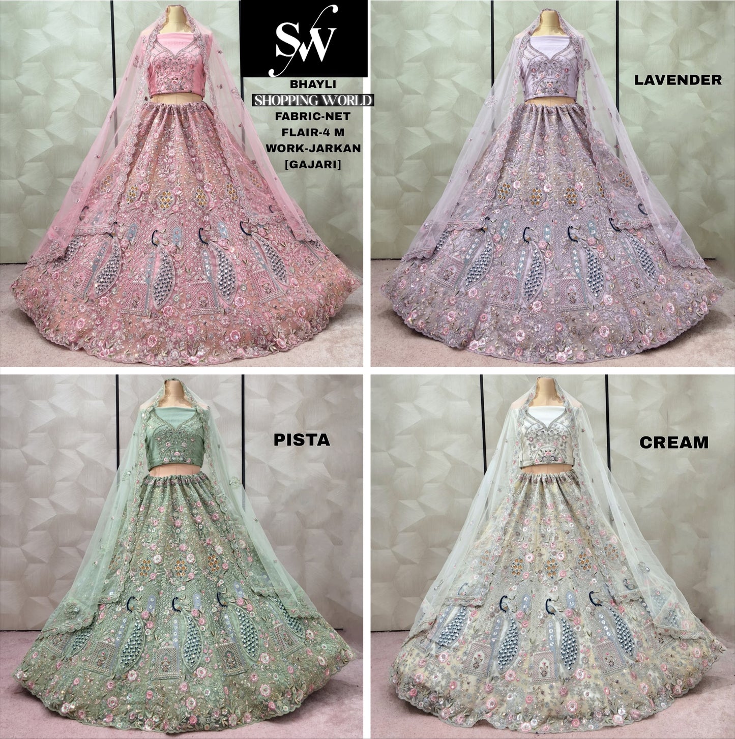 Attractive Gajri pink Lavender Pista green Cream White Peacock Net Lehenga