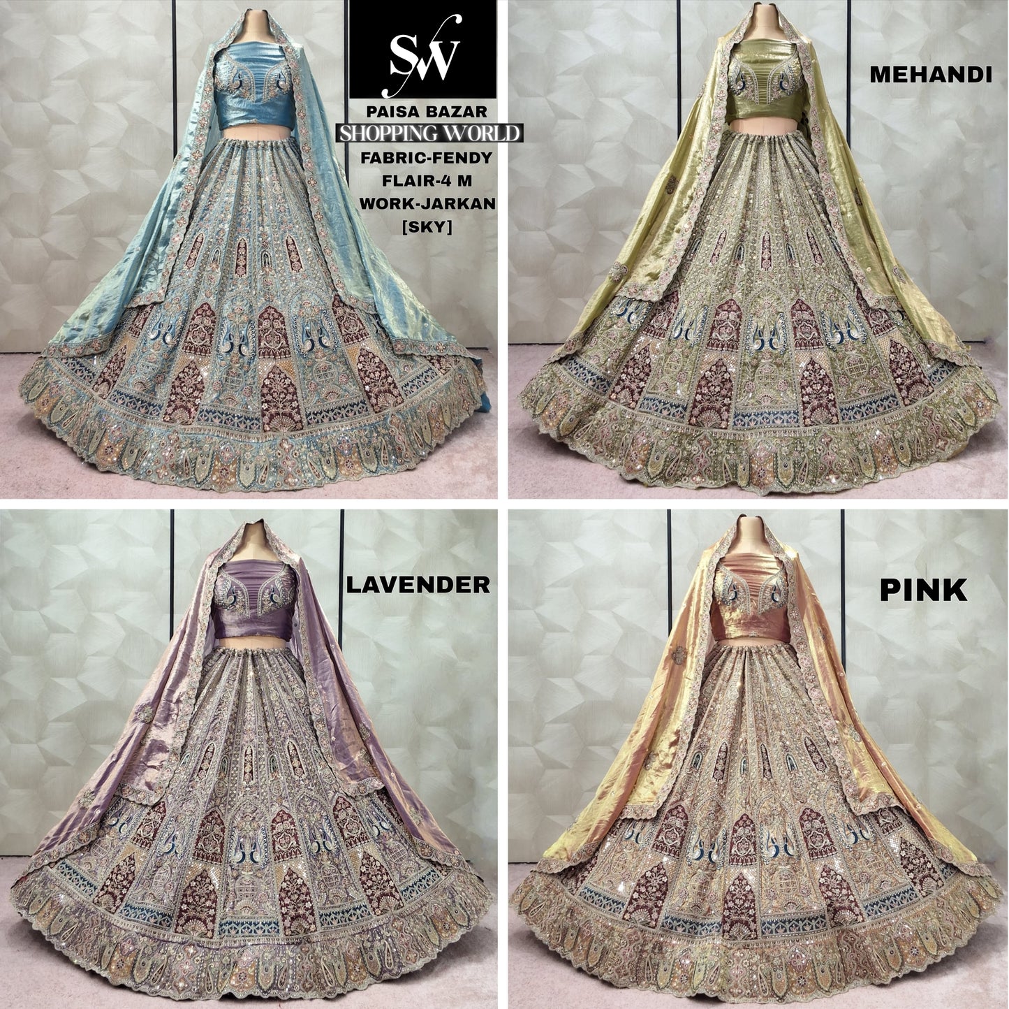 Delightful Sky blue Mehendi Green Lavender Pink Golden peacock Lehenga