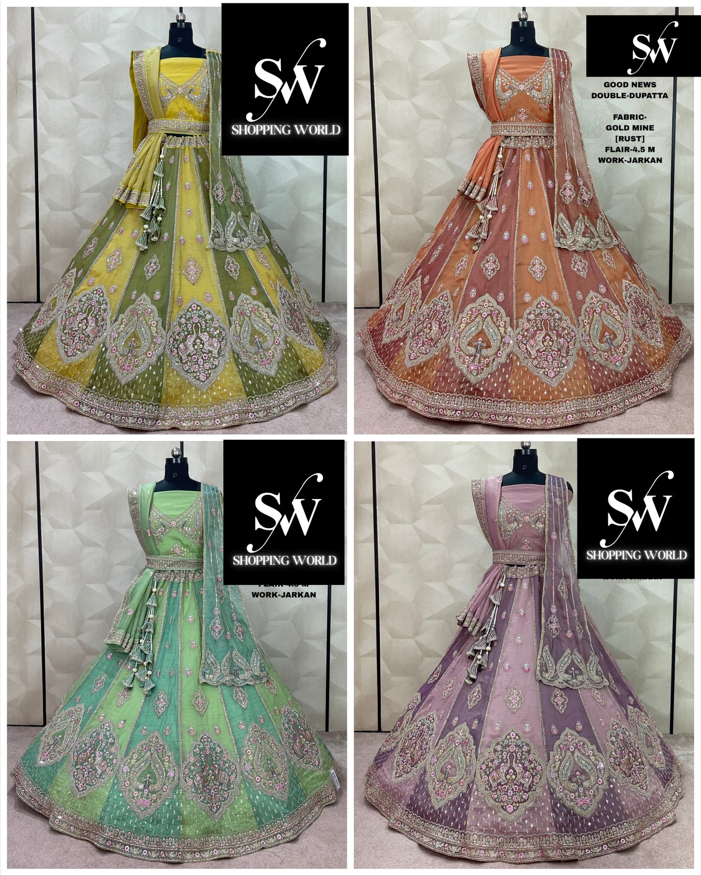 Embellished Yellow Mehendi green Rust Orange Lavender Lehenga