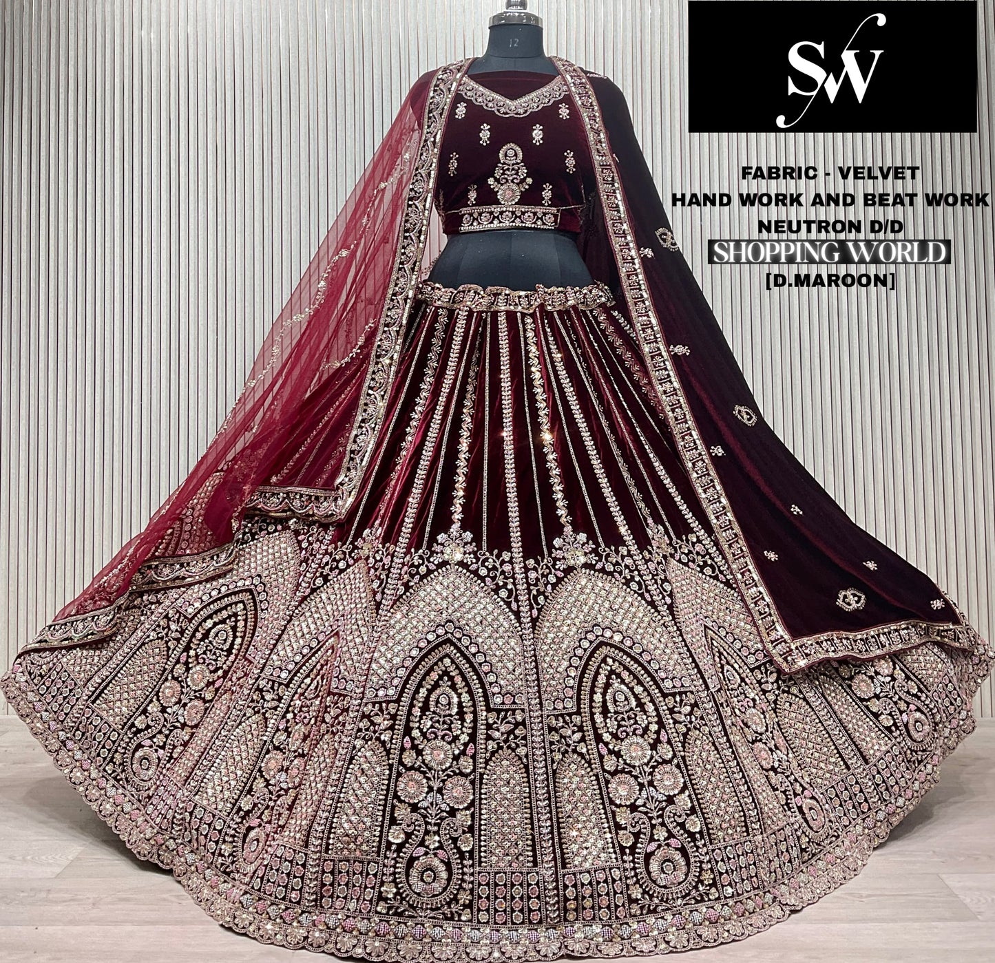 Elegant Wine Velvet Bridal Lehenga
