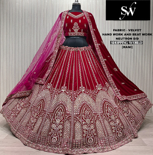 Elegant Wine Velvet Bridal Lehenga
