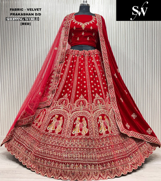 Designer Doli Barat Dark Maroon Velvet Bridal Lehenga