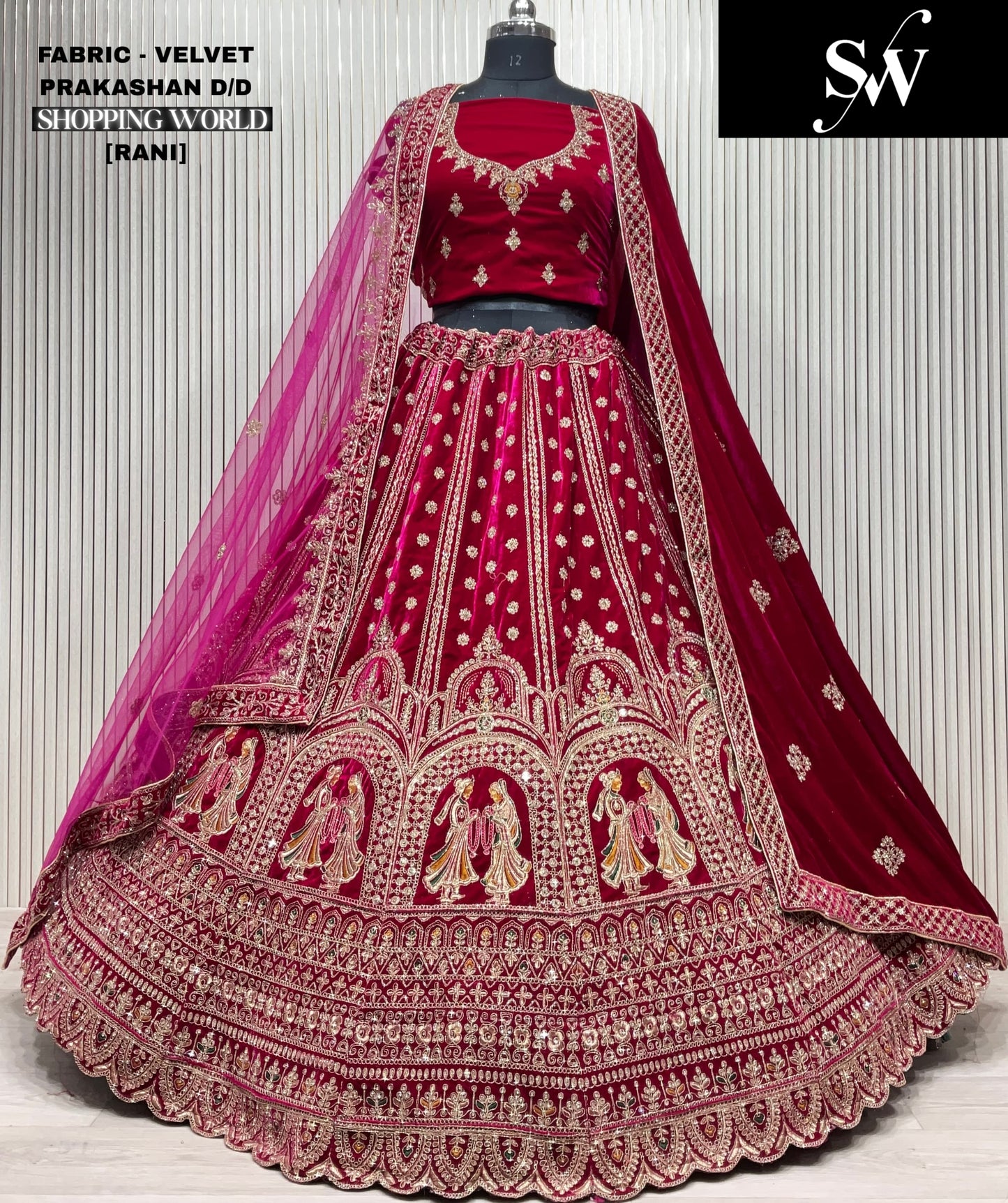 Designer Doli Barat Dark Maroon Velvet Bridal Lehenga