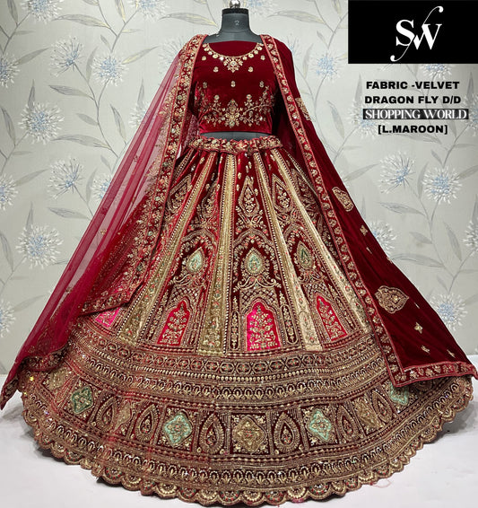 Glamorous Dark Maroon Velvet Bridal Lehenga