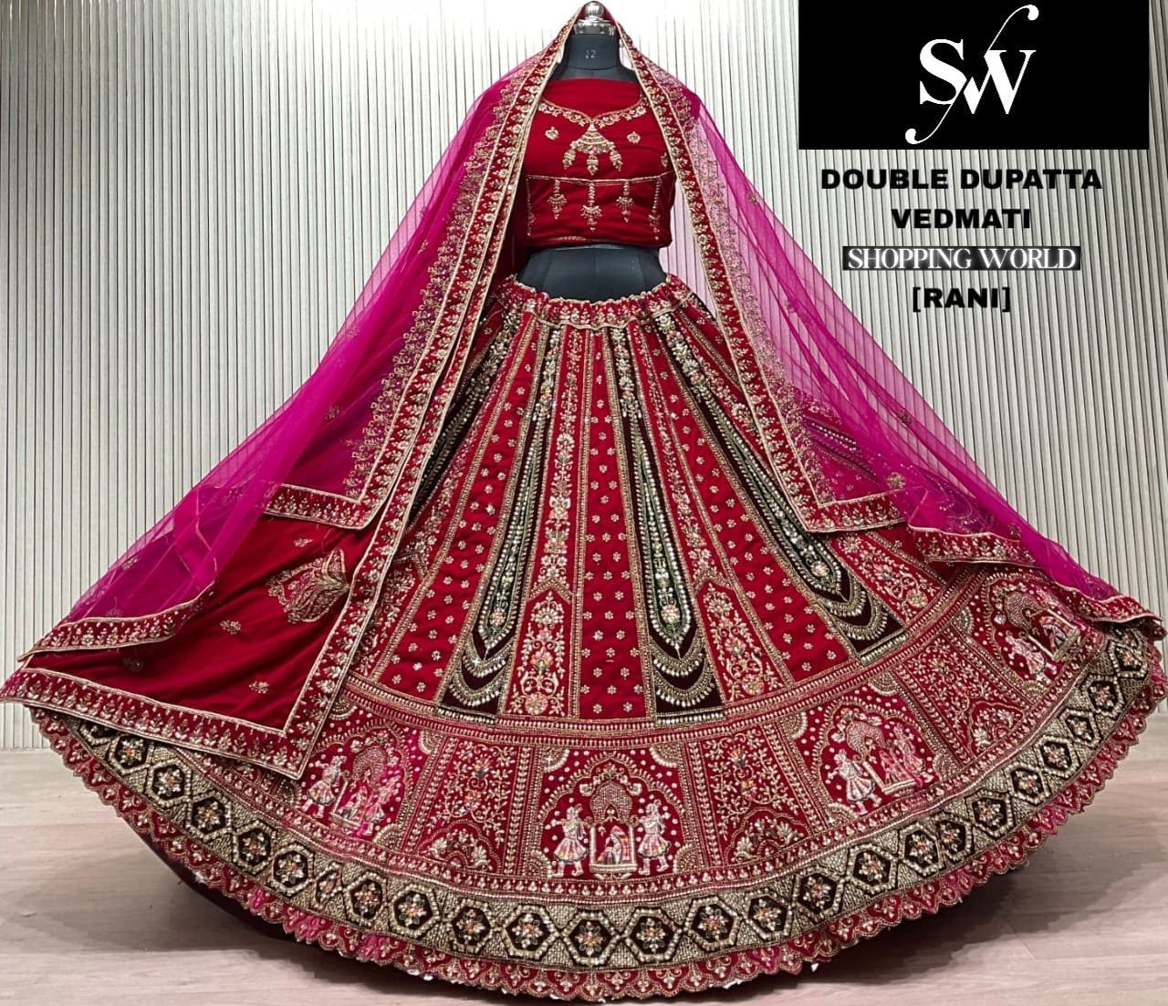 Beautiful Dark Maroon Double Dupatta Doli Barat Bridal Lehenga