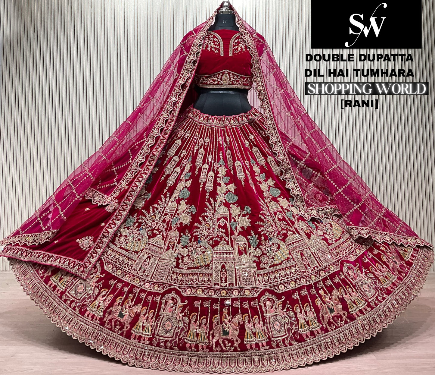 Khoobsurat Dark Maroon Double Dupatta Doli Barat Bridal lehenga