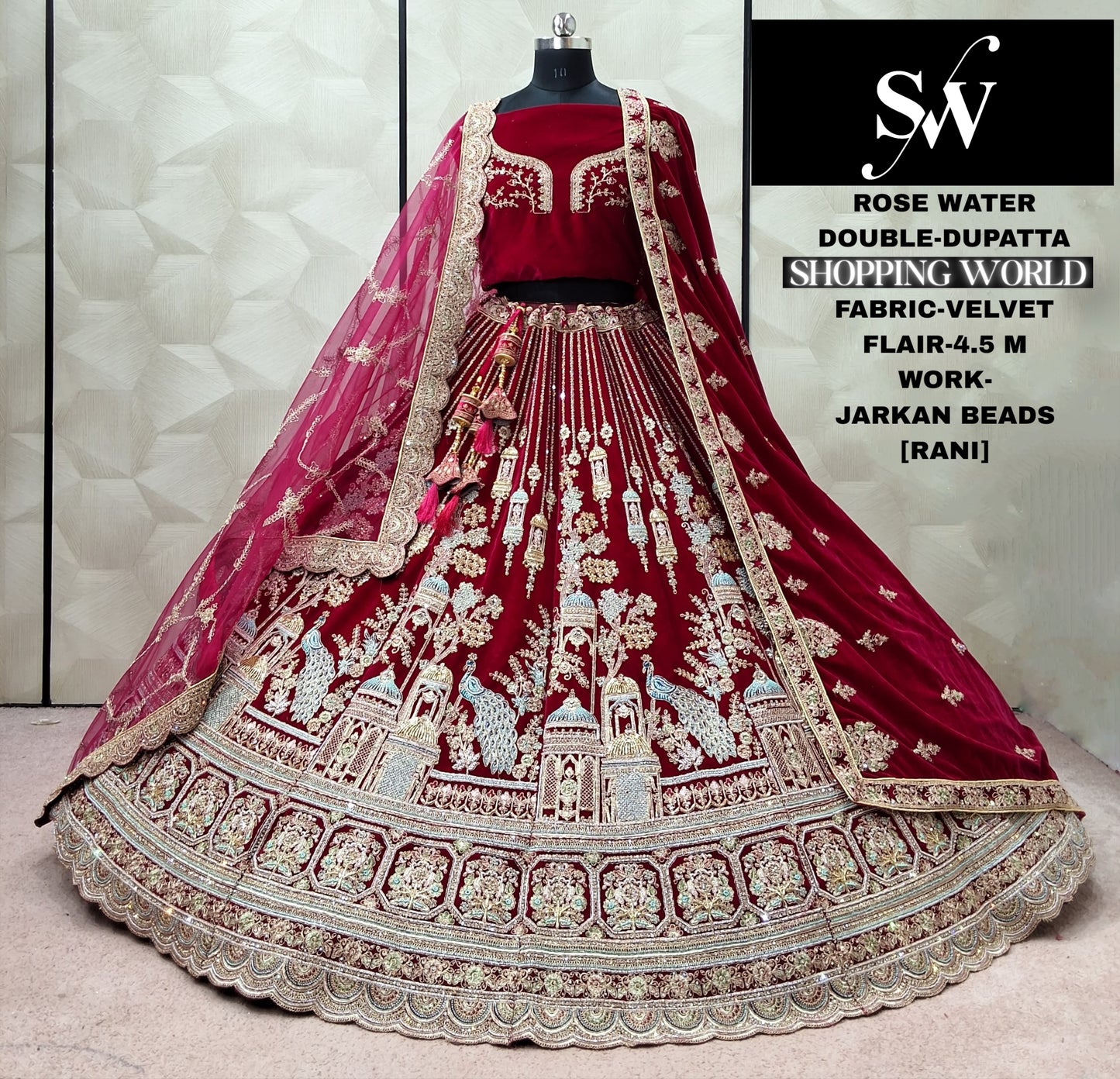 Glamorous Maroon peacock Double Dupatta Velvet bridal lehenga