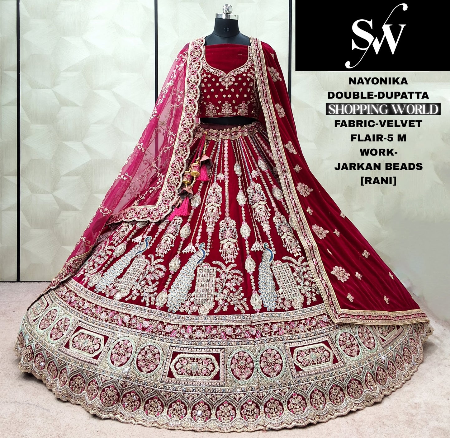 Good Looking Maroon peacock Double Dupatta Velvet bridal lehenga