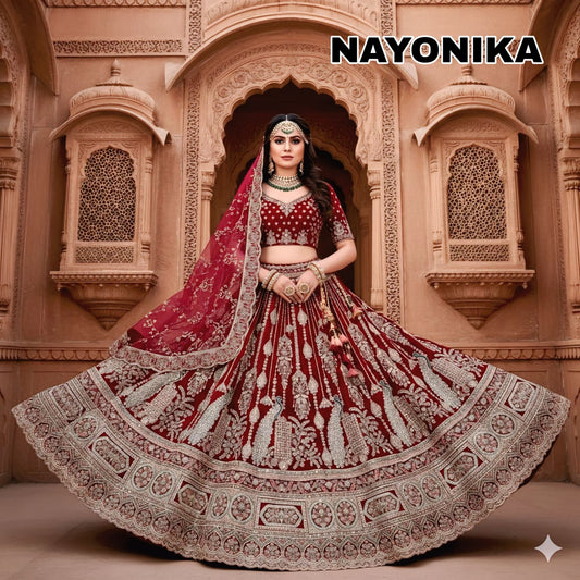 Good Looking Maroon peacock Double Dupatta Velvet bridal lehenga