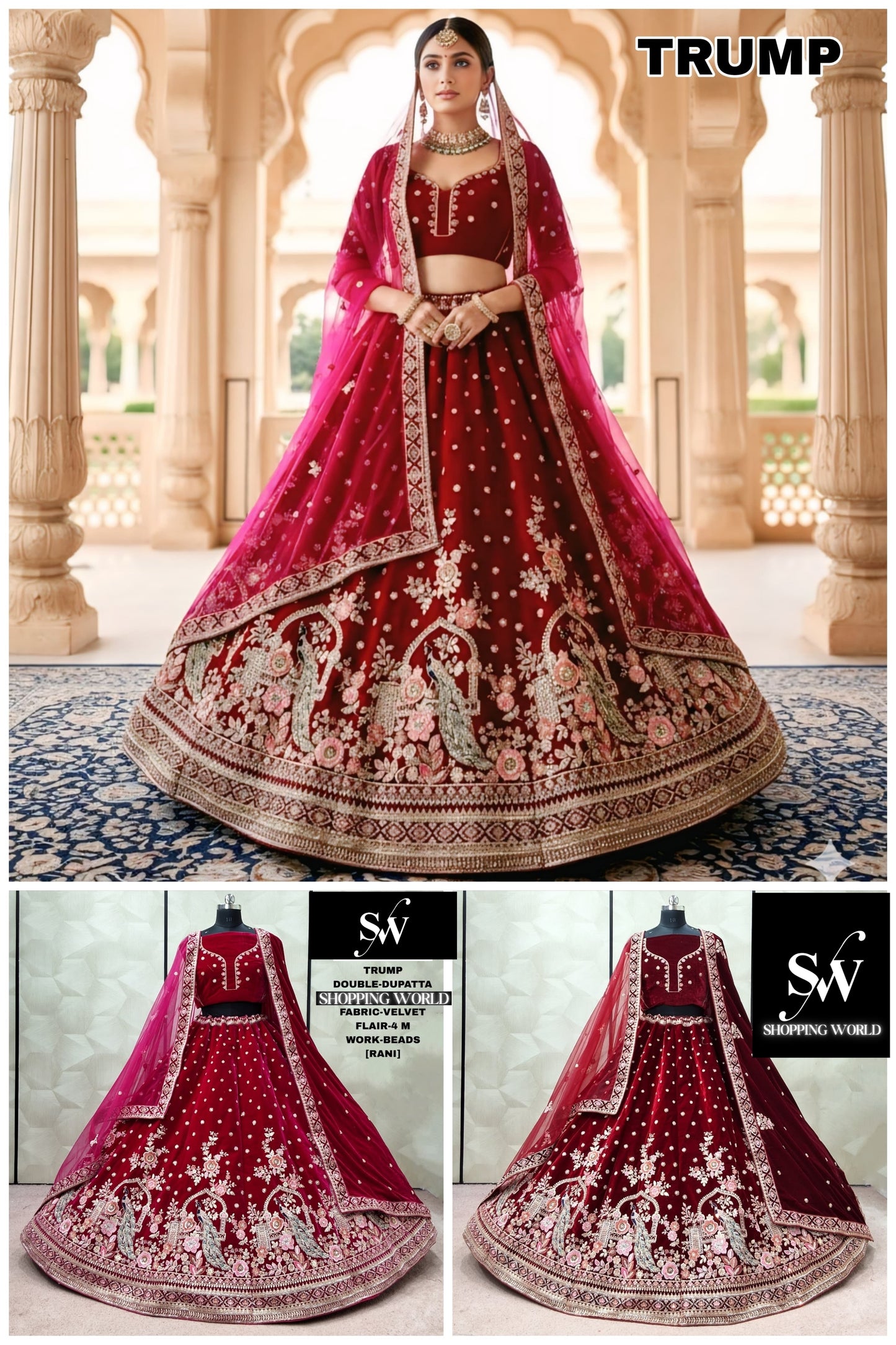 Delightful Rani pink Light Maroon peacock Velvet Bridal lehenga