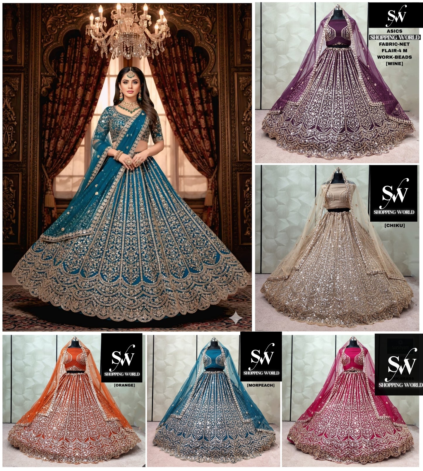 Embellished Morpeach Blue Chiku golden Wine Orange Rani pink Net lehenga